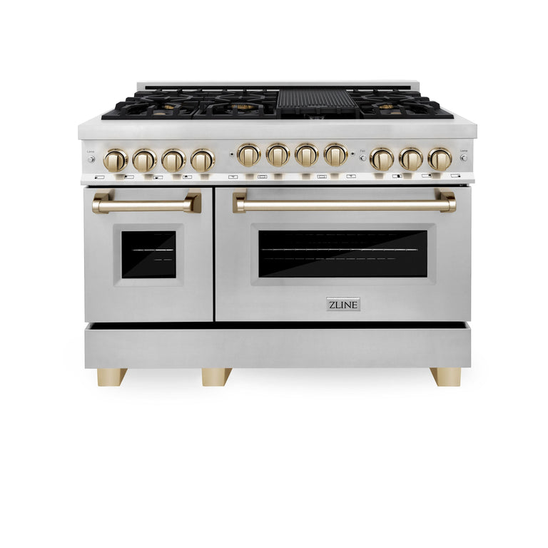ZLINE Autograph Package - 48 In. Dual Fuel Range and Range Hood in Stainless Steel with Gold Accents, 2AKPR-RARH48-G