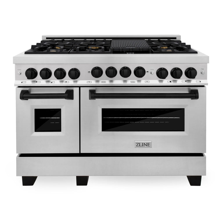 ZLINE Autograph Package - 48 In. Gas Range, Range Hood, Dishwasher in Stainless Steel with Matte Black Accents, 3AKP-RGRHDWM48-MB