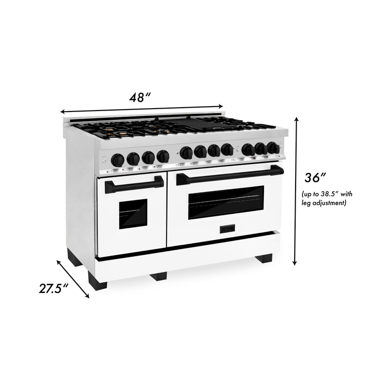 ZLINE Autograph Package - 48 In. Gas Range, Range Hood, and Dishwasher with White Matte Door and Matte Black Accents, 3AKPR-RGWMRH48-MB