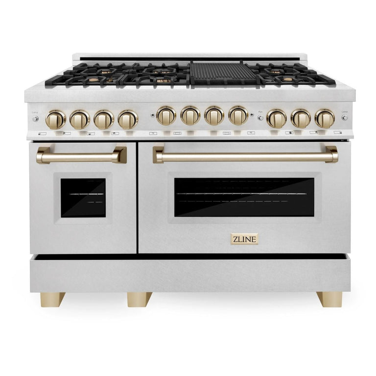 ZLINE Autograph Edition 48 Inch 6.0 cu. ft. Gas Range in DuraSnow® Stainless Steel with Gold Accents, RGSZ-SN-48-G