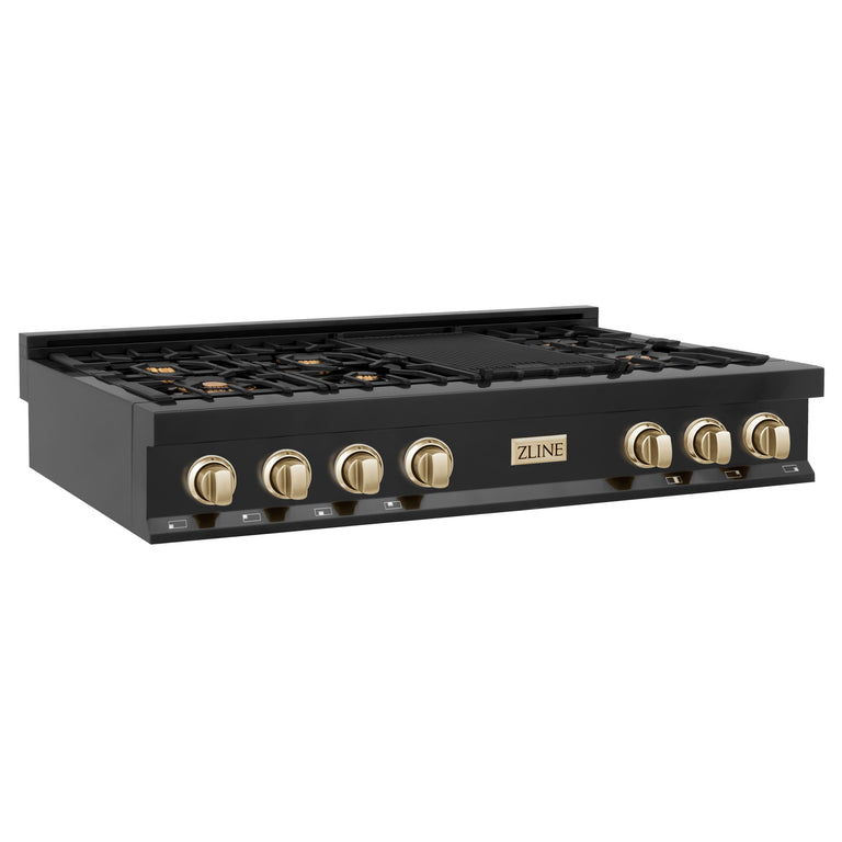 ZLINE Autograph Edition 48 Inch Porcelain Rangetop with 7 Gas Burners in Black Stainless Steel and Gold Accents, RTBZ-48-G