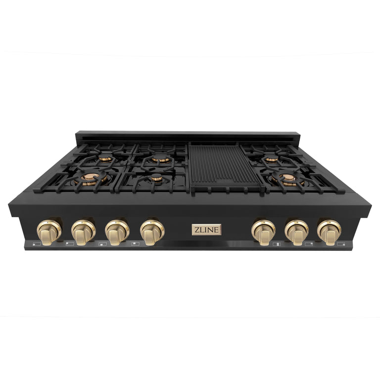 ZLINE Autograph Edition 48 Inch Porcelain Rangetop with 7 Gas Burners in Black Stainless Steel and Gold Accents, RTBZ-48-G