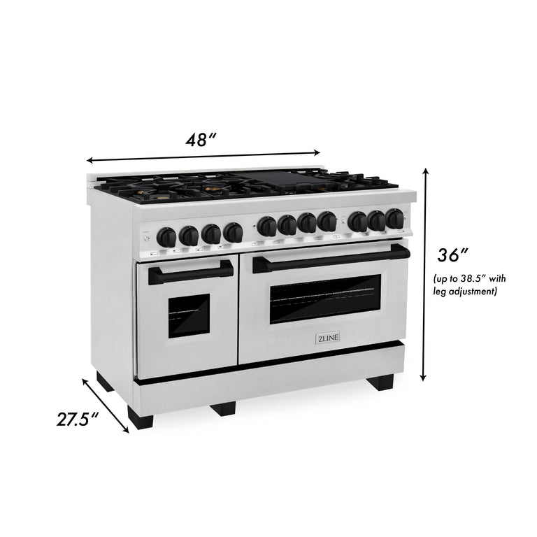 ZLINE Autograph Package - 48 In. Gas Range and Range Hood in DuraSnow® Stainless Steel with Matte Black Accents, 2AKPR-RGSRH48-MB