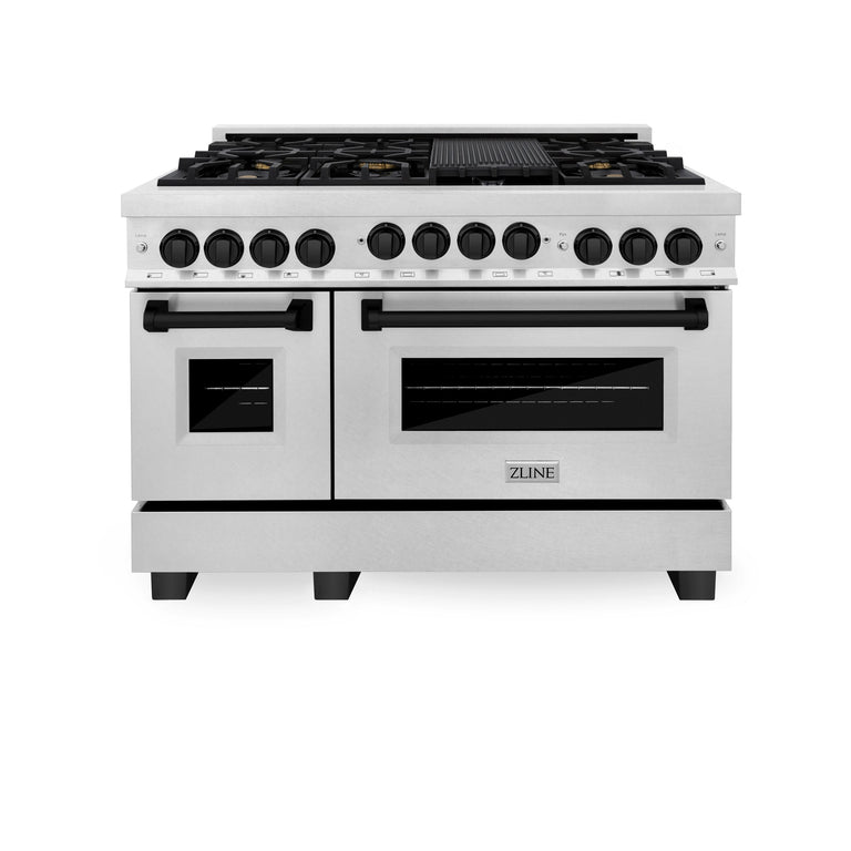ZLINE Autograph Package - 48 In. Gas Range and Range Hood in DuraSnow® Stainless Steel with Matte Black Accents, 2AKPR-RGSRH48-MB