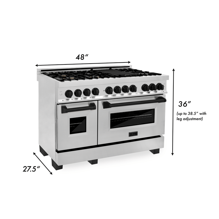 ZLINE Autograph Package - 48 In. Dual Fuel Range, Range Hood, Dishwasher in Stainless Steel with Matte Black Accents, 3AKP-RARHDWM48-MB