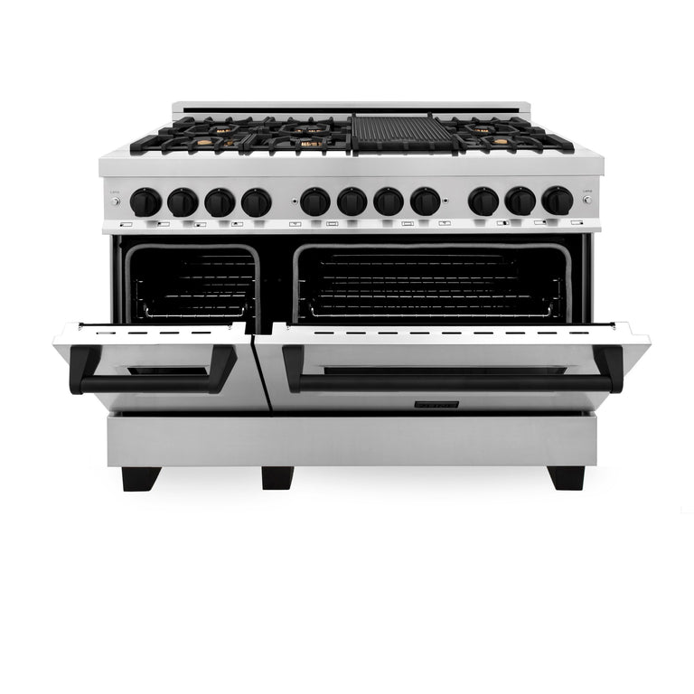 ZLINE Autograph Package - 48 In. Dual Range Range and Range Hood in Stainless Steel with Matte Black Accents, 2AKPR-RARH48-MB