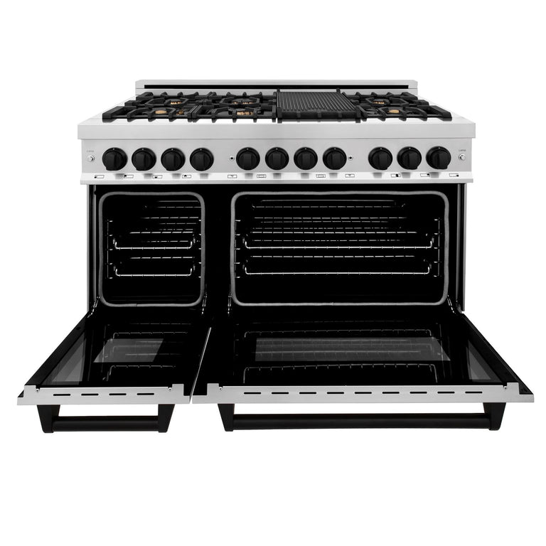 ZLINE Autograph Package - 48 In. Dual Fuel Range, Range Hood, Dishwasher in Stainless Steel with Matte Black Accents, 3AKP-RARHDWM48-MB