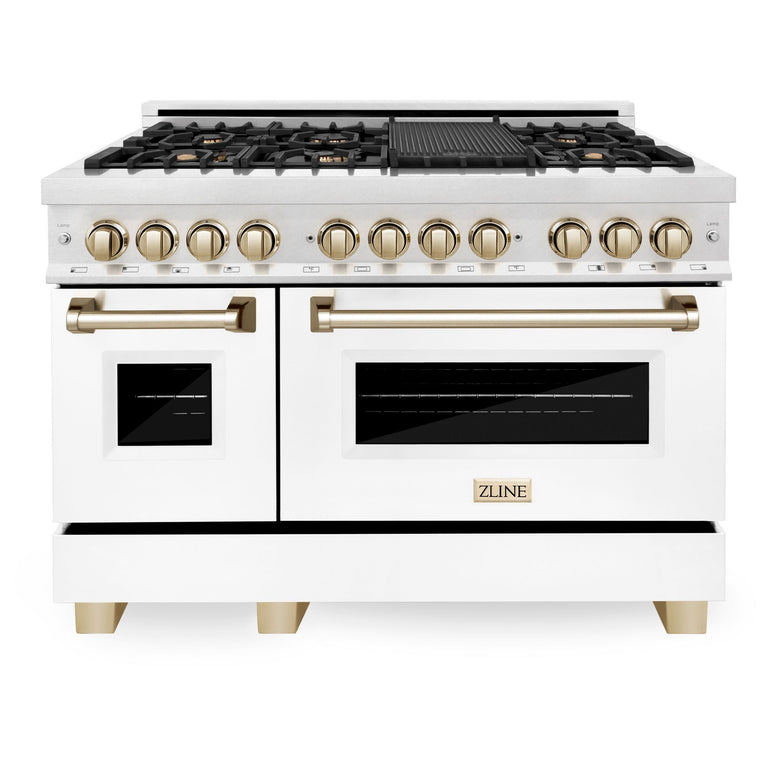 ZLINE Autograph 48 in. 6.0 cu. ft. Range, Gas Stove/Electric Oven in DuraSnow® with White Matte Door, Gold Accents, RASZ-WM-48-G