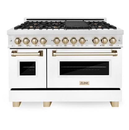 ZLINE Autograph 48 in. 6.0 cu. ft. Range, Gas Stove/Electric Oven in DuraSnow® with White Matte Door, Gold Accents, RASZ-WM-48-G
