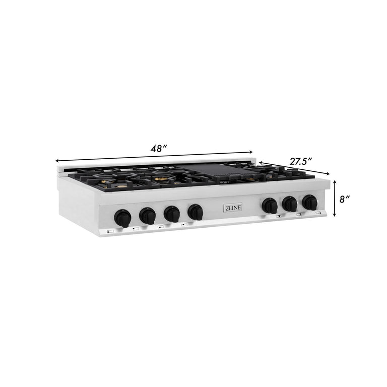 ZLINE Autograph Edition 48 in. Porcelain Rangetop with 7 Gas Burners in Stainless Steel and Matte Black Accents, RTZ-48-MB