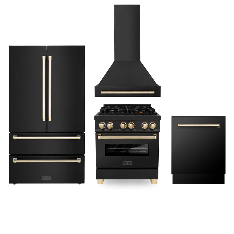 ZLINE Autograph Package - 30" Gas Range, Range Hood, Refrigerator, Dishwasher in Black Stainless with Gold Accents