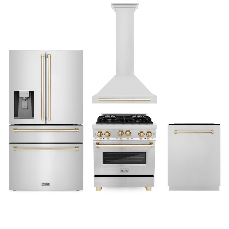 ZLINE Autograph Package - 30 In. Gas Range, Range Hood, Refrigerator, and Dishwasher in Stainless Steel with Gold Accents, 4AKPR-RGRHDWM30-G