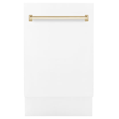 ZLINE Autograph Series 18 In. Dishwasher in White Matte with Gold Handle, DWVZ-WM-18-G
