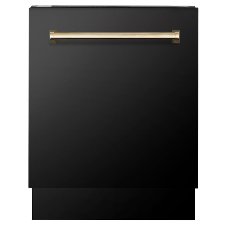 ZLINE Autograph Package - 48" Dual Fuel Range, Range Hood, Refrigerator, Dishwasher in Black Stainless with Gold Accents
