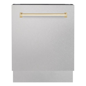 ZLINE Autograph Series 24 inch Tall Dishwasher in DuraSnow® Stainless Steel with Gold Handle, DWVZ-SN-24-G