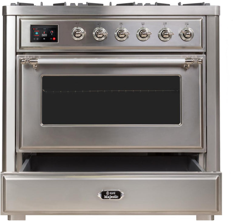 ILVE 36 in. Majestic II Series Propane Gas Burner and Electric Oven Range in Stainless Steel with Chrome Trim, UM09FDNS3SSCLP
