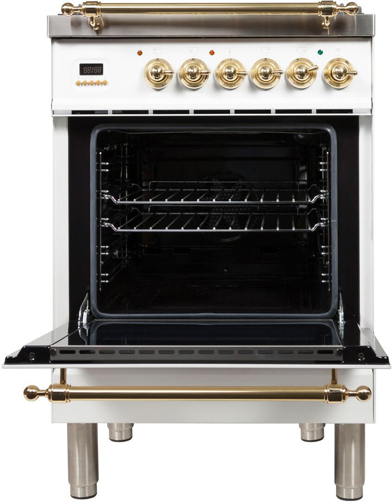 ILVE 24 in. Nostalgie Series Freestanding Single Oven Natural Gas Burner and Electric Oven Range in White with Brass Trim, UPN60DMPBNG