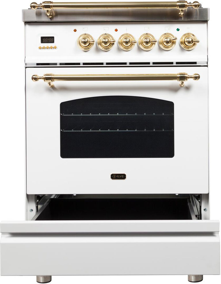 ILVE 24 in. Nostalgie Series Freestanding Single Oven Natural Gas Burner and Electric Oven Range in White with Brass Trim, UPN60DMPBNG