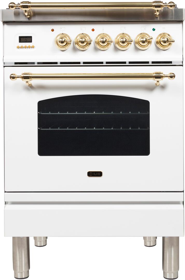 ILVE 24 in. Nostalgie Series Freestanding Single Oven Natural Gas Burner and Electric Oven Range in White with Brass Trim, UPN60DMPBNG