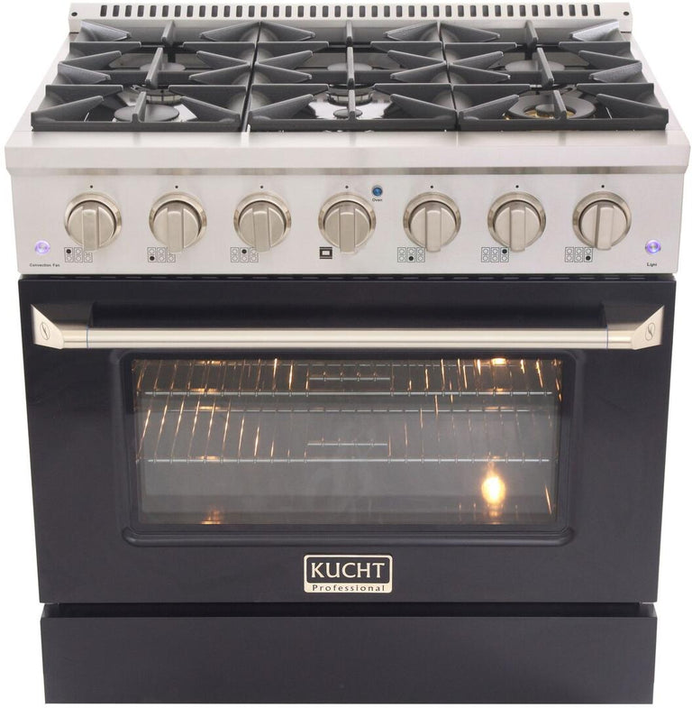 Kucht Professional 36 in. 5.2 cu ft. Propane Gas Range with Black Door and Silver Knobs, KNG361/LP-K