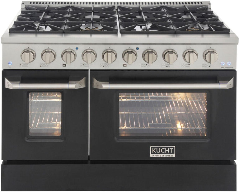 Kucht Professional 48 in. 6.7 cu ft. Propane Gas Range with Black Door and Silver Knobs, KNG481/LP-K