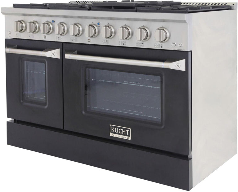 Kucht Professional 48 in. 6.7 cu ft. Propane Gas Range with Black Door and Silver Knobs, KNG481/LP-K
