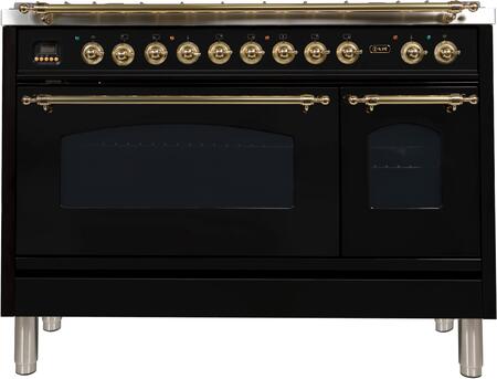 ILVE 48 in. Nostalgie Series Propane Gas Burner and Electric Oven Range in Glossy Black with Brass Trim, UPN120FDMPNLP