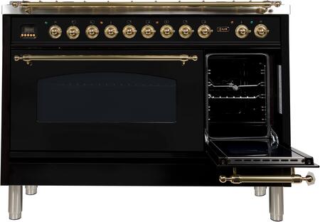 ILVE 48 in. Nostalgie Series Propane Gas Burner and Electric Oven Range in Glossy Black with Brass Trim, UPN120FDMPNLP