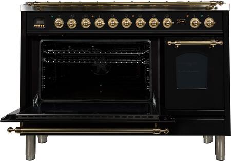 ILVE 48 in. Nostalgie Series Propane Gas Burner and Electric Oven Range in Glossy Black with Brass Trim, UPN120FDMPNLP