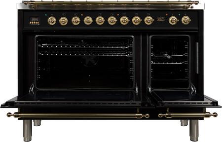 ILVE 48 in. Nostalgie Series Propane Gas Burner and Electric Oven Range in Glossy Black with Brass Trim, UPN120FDMPNLP