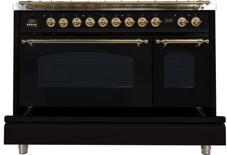 ILVE 48 in. Nostalgie Series Propane Gas Burner and Electric Oven Range in Glossy Black with Brass Trim, UPN120FDMPNLP
