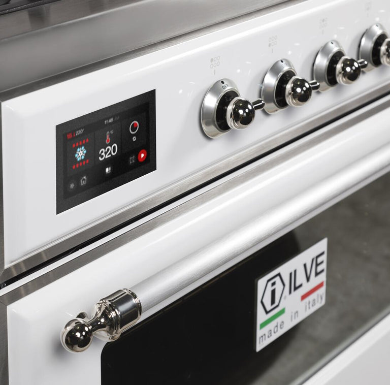 ILVE 36 in. Majestic II Series Natural Gas Burner and Single Electric Oven in White with Chrome Trim, UM09FDNS3WHCNG