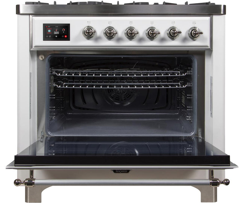 ILVE 36 in. Majestic II Series Natural Gas Burner and Single Electric Oven in White with Chrome Trim, UM09FDNS3WHCNG