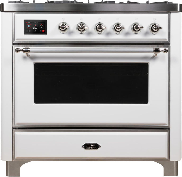 ILVE 36 in. Majestic II Series Natural Gas Burner and Single Electric Oven in White with Chrome Trim, UM09FDNS3WHCNG