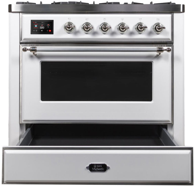 ILVE 36 in. Majestic II Series Natural Gas Burner and Single Electric Oven in White with Chrome Trim, UM09FDNS3WHCNG