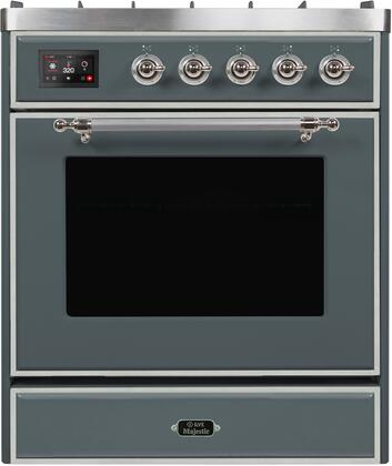 ILVE Majestic II 30" Natural Gas Burner, Electric Oven Range in Blue Grey with Chrome Trim, UM30DNE3BGCNG