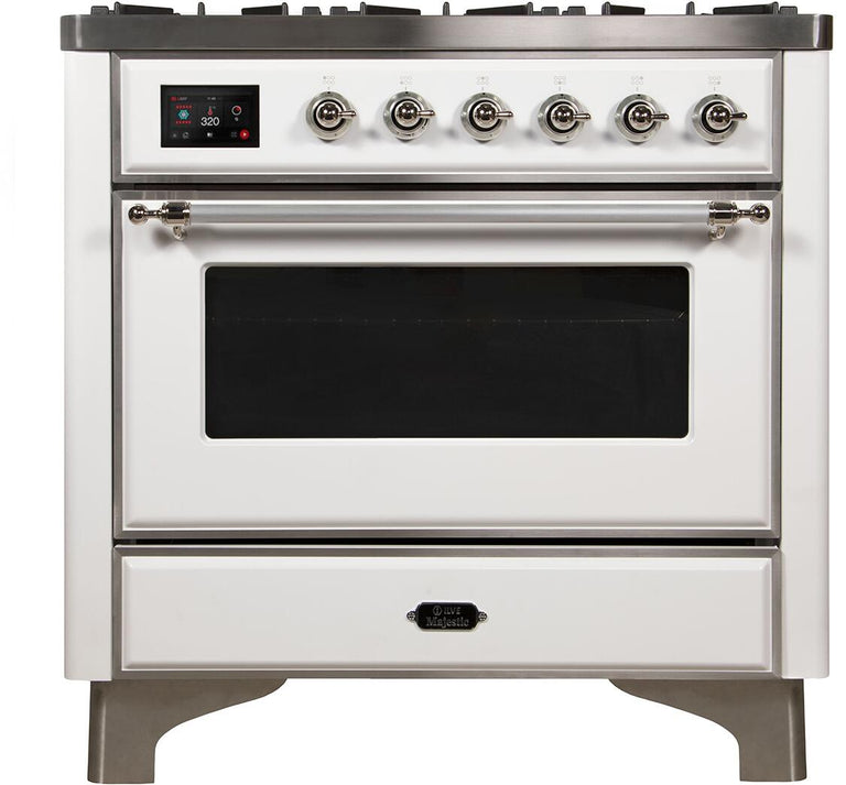 ILVE 36 in. Majestic II Series Natural Gas Burner and Single Electric Oven in White with Chrome Trim, UM096DNS3WHCNG