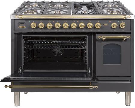 ILVE 48 in. Nostalgie Series Propane Gas Burner and Electric Oven Range in Matte Graphite with Brass Trim, UPN120FDMPMLP