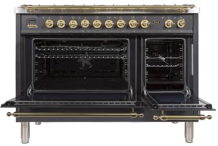 ILVE 48 in. Nostalgie Series Propane Gas Burner and Electric Oven Range in Matte Graphite with Brass Trim, UPN120FDMPMLP