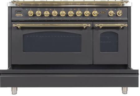 ILVE 48 in. Nostalgie Series Propane Gas Burner and Electric Oven Range in Matte Graphite with Brass Trim, UPN120FDMPMLP