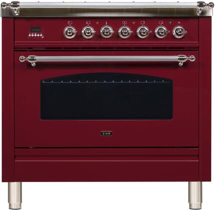 ILVE 36 in. Nostalgie Series Single Oven Propane Gas Burner and Electric Oven Range in Burgundy with Chrome Trim, UPN90FDMPRBXLP