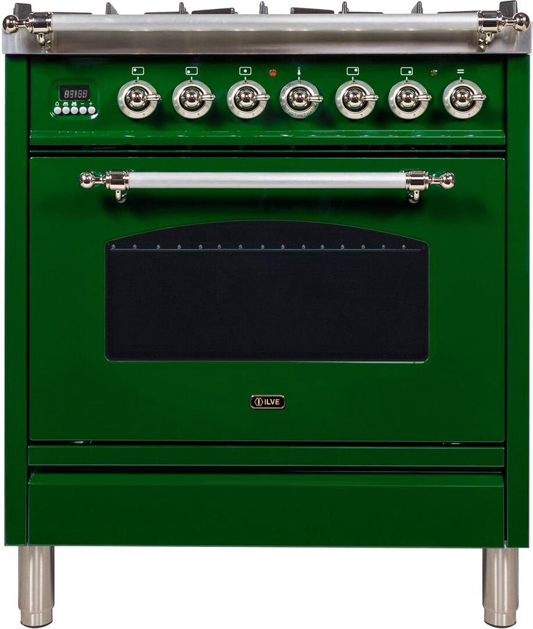 ILVE 30 in. Nostalgie Series Single Oven Natural Gas Burner and Electric Oven Range in Emerald Green with Chrome Trim, UPN76DMPVSXNG