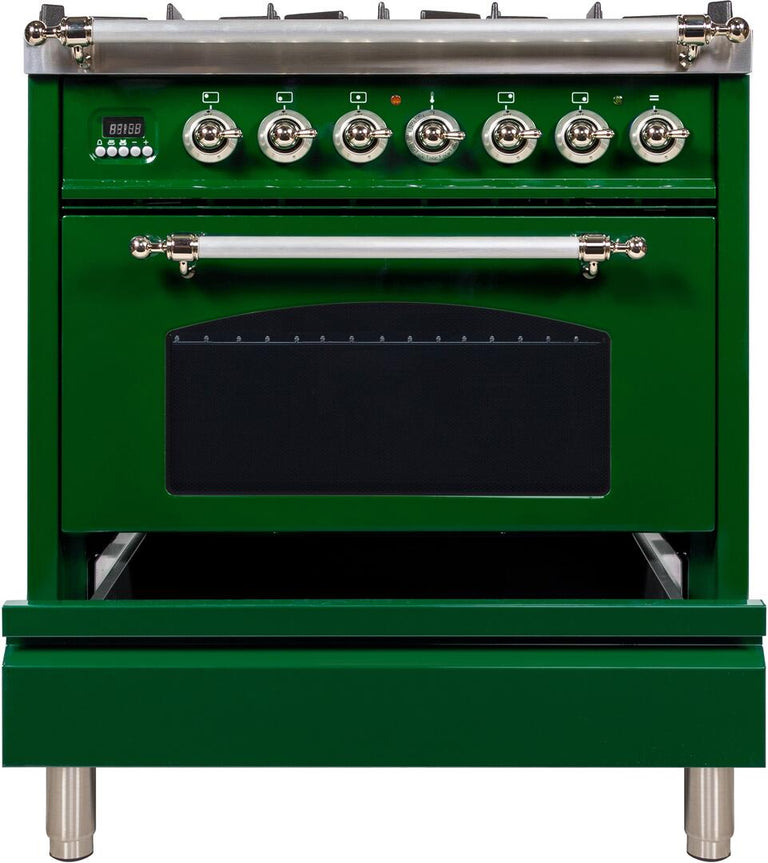ILVE 30 in. Nostalgie Series Single Oven Natural Gas Burner and Electric Oven Range in Emerald Green with Chrome Trim, UPN76DMPVSXNG