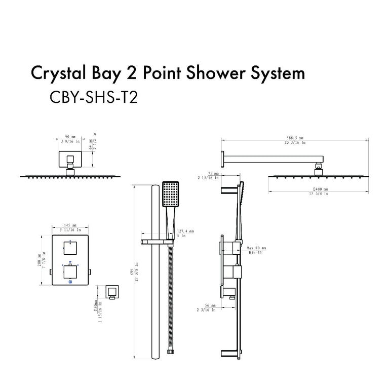 ZLINE Crystal Bay Thermostatic Shower System in Matte Black, CBY-SHS-T2-MB