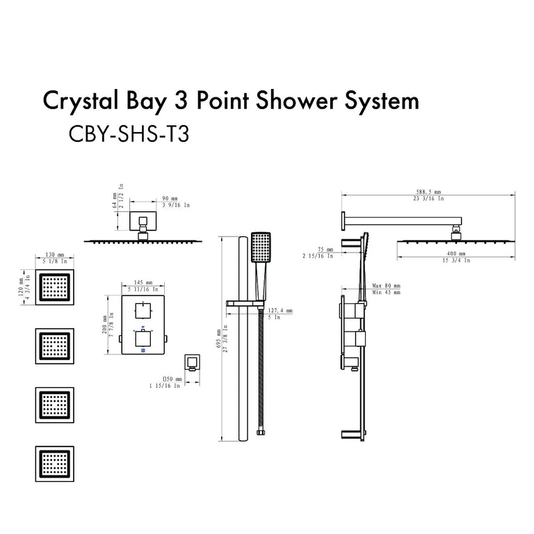 ZLINE Crystal Bay Thermostatic Shower System in Brushed Nickel, CBY-SHS-T3-BN