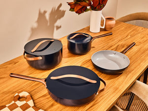 Caraway Non-Toxic and Non-Stick Cookware Set in Midnight Blue with Copper Handles