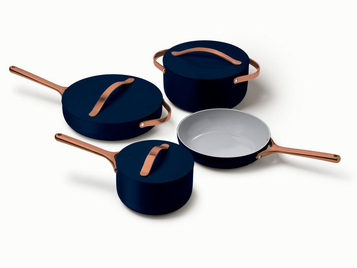 Caraway Non-Toxic and Non-Stick Cookware Set in Midnight Blue with Copper Handles