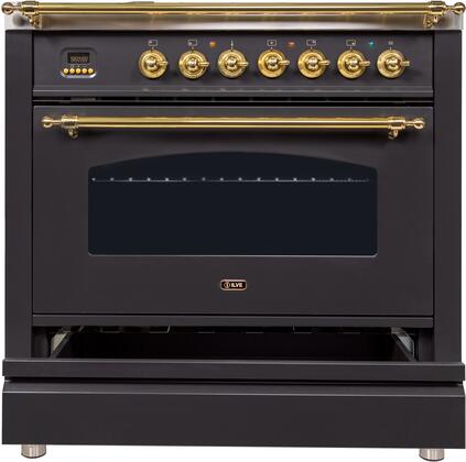 ILVE 36 in. Nostalgie Series Single Oven Propane Gas Burner and Oven in Matte Graphite with Brass Trim, UPN90FDVGGMLP