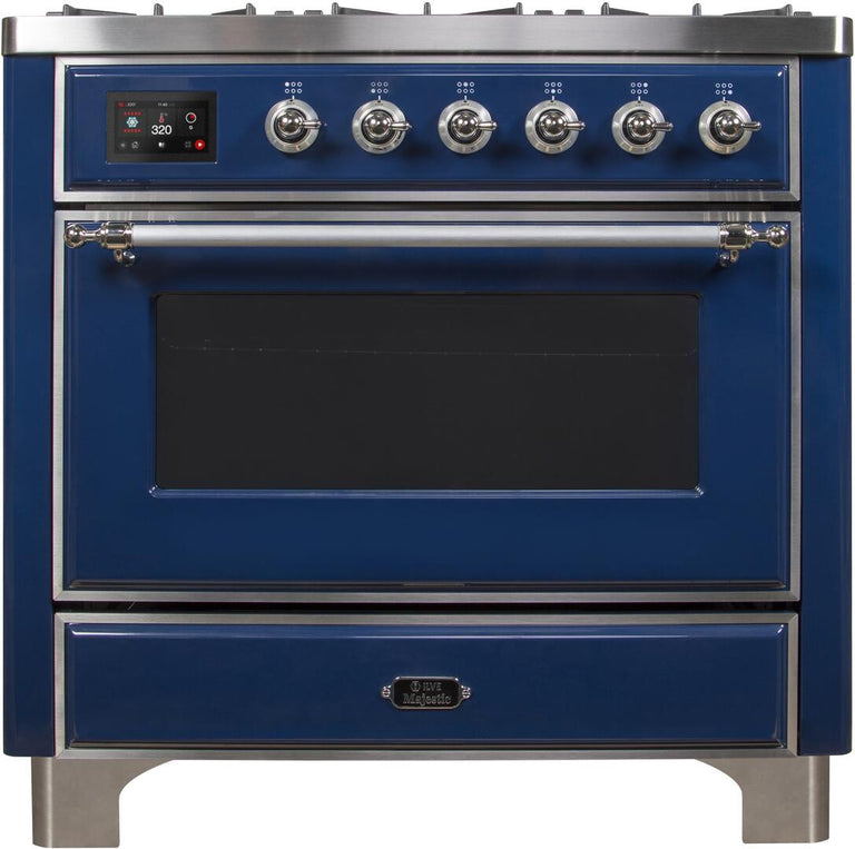 ILVE 36 in. Majestic II Series Natural Gas Burner and Single Electric Oven in Midnight Blue with Chrome Trim, UM096DNS3MBCNG
