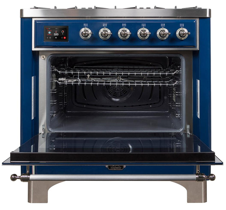 ILVE 36 in. Majestic II Series Natural Gas Burner and Single Electric Oven in Midnight Blue with Chrome Trim, UM096DNS3MBCNG